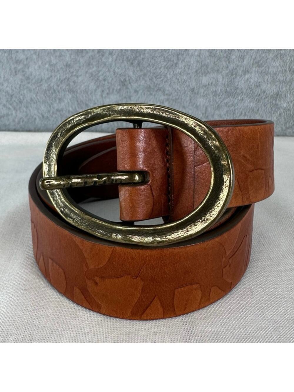 Coldwater Creek Women’s sz S Genuine Leather Elephant Embossed Belt Brown